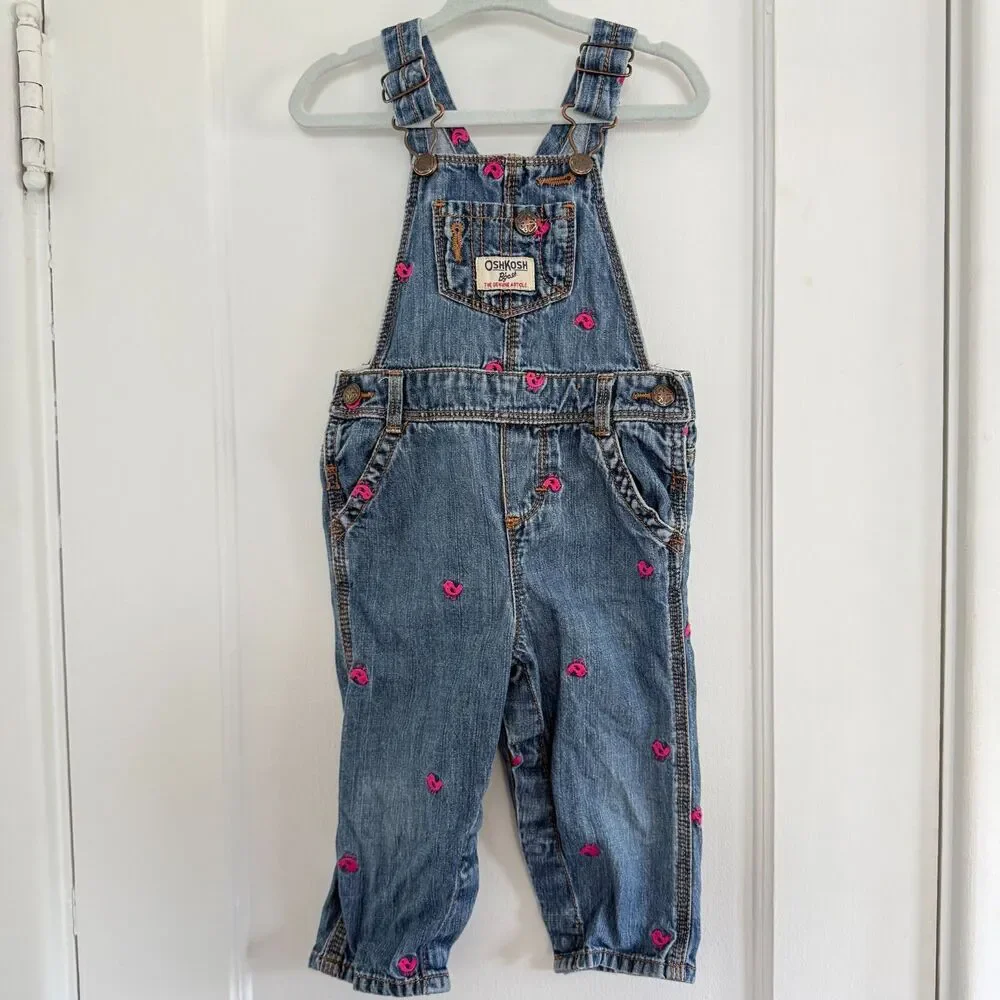 OshKosh B'gosh Baby Denim Overalls Embroidered Pink Birds Size 12m